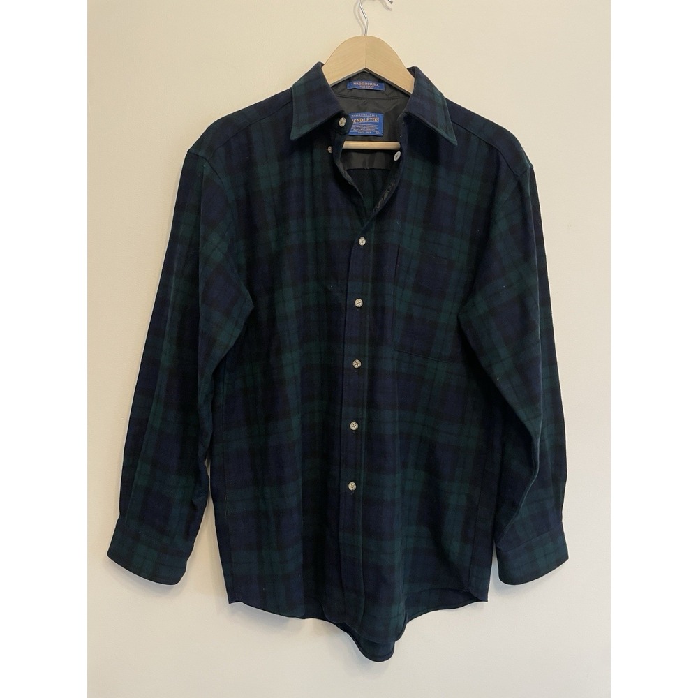 Pendleton 100% Wool Flannel Shirt Men Medium Black Watch Tartan Blue Green USA